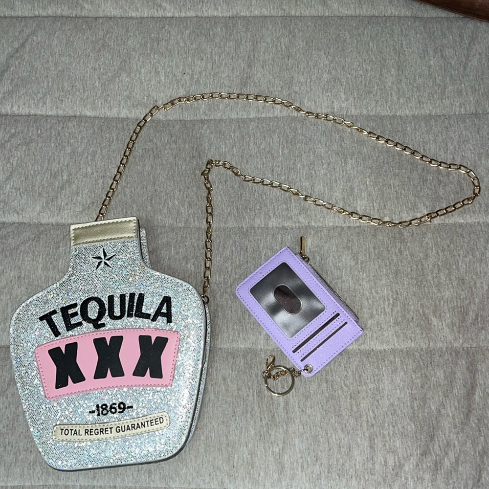 Crossbody Tequila bottle purse with light purple wallet